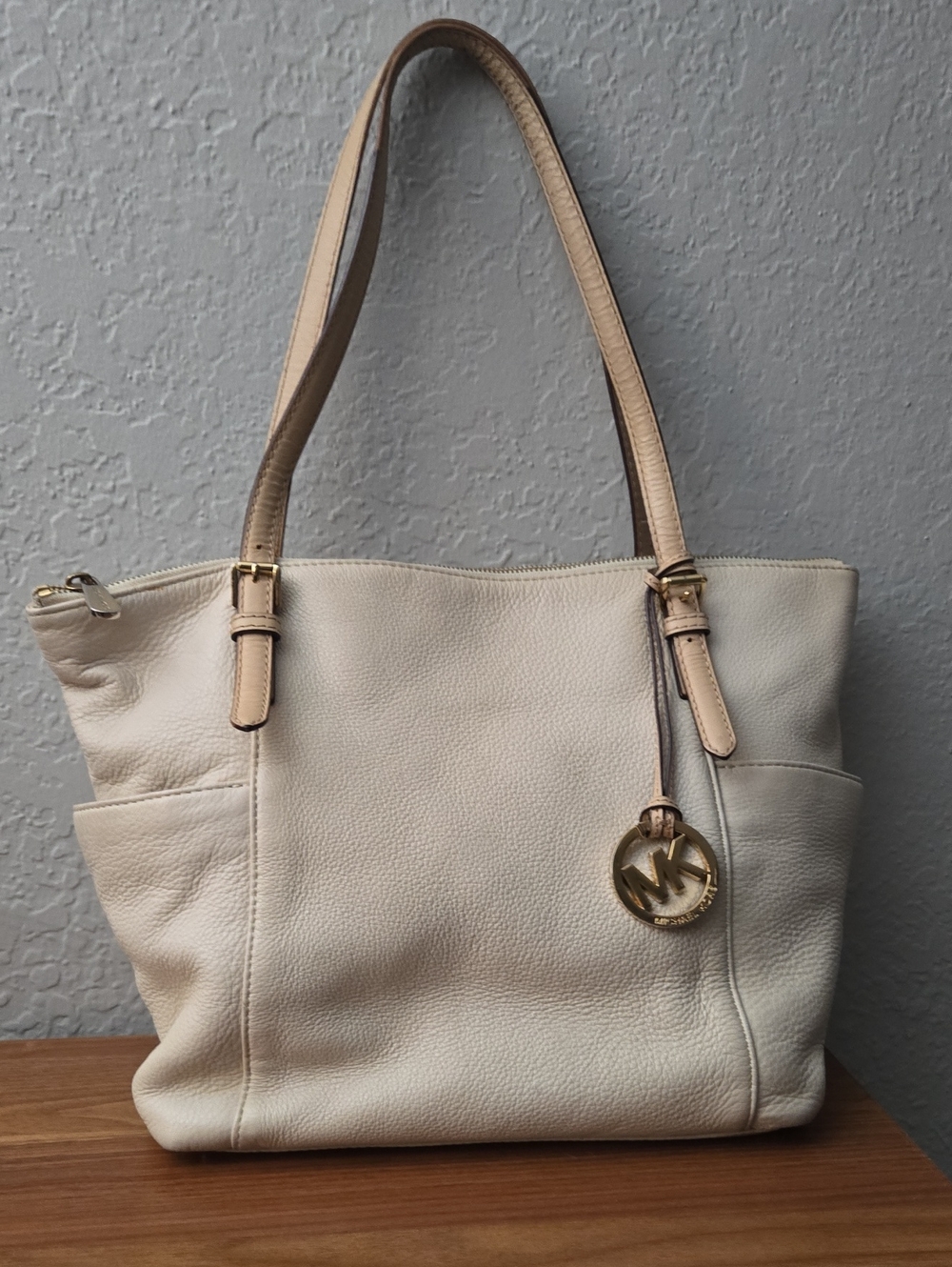 Michael Kors Cream Leather Tote with Gold MK Charm